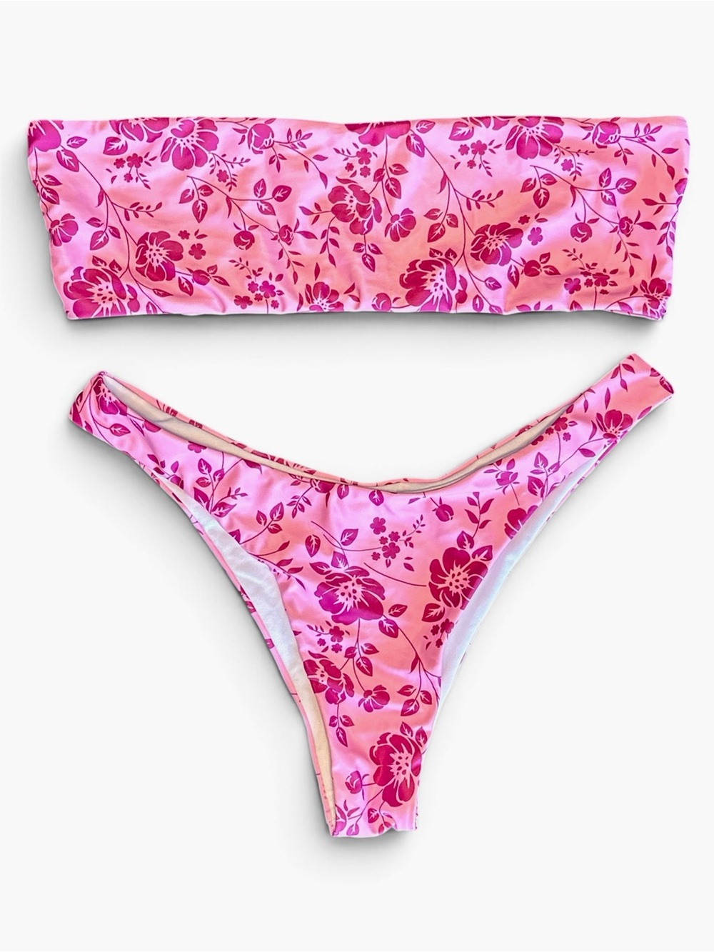 SHEIN Pink Floral Bandeau Bikini & Green Floral Triangle Bikini Sets